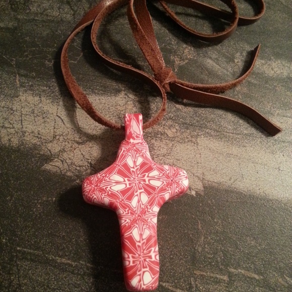 Handmade Polymer Clay cross pendant with leather - Picture 2 of 4